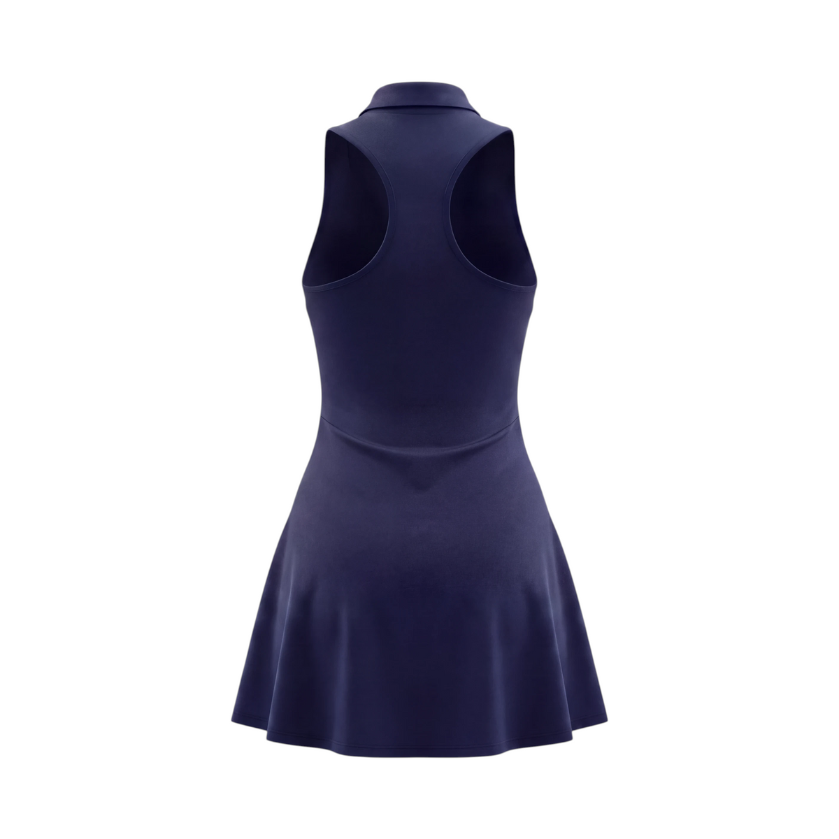 Back view of GOLF BY JO Sculpt navy blue sleeveless golf dress with a racerback design and flared skirt.