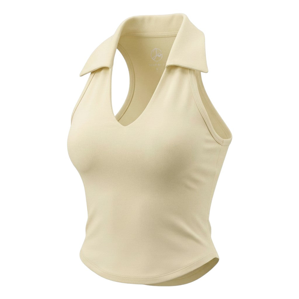 GOLF BY JO Banana Milkshake pastel yellow sculpted golf vest with a feminine open neckline and performance fabric.