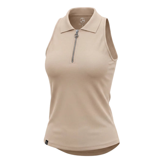 GOLF BY JO beige sleeveless golf vest with a half-zip collar, made from breathable performance fabric.