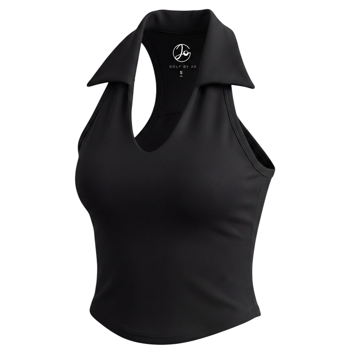 GOLF BY JO black performance golf vest with a feminine open neckline and fitted silhouette in stretchy fabric.