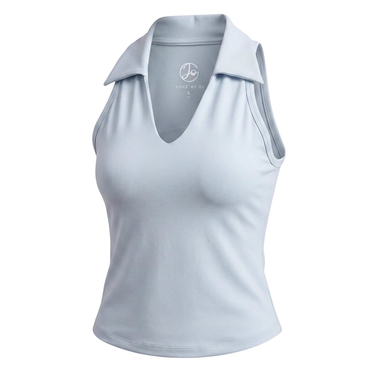 GOLF BY JO Blueberry Milkshake sleeveless golf vest in light blue performance fabric with a feminine open neckline
