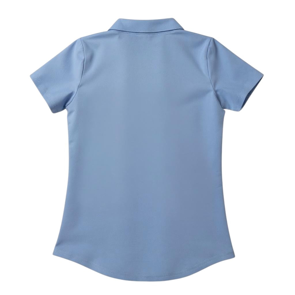 Back view of GOLF BY JO light blue moisture-wicking golf polo shirt with a tailored fit and short sleeves.