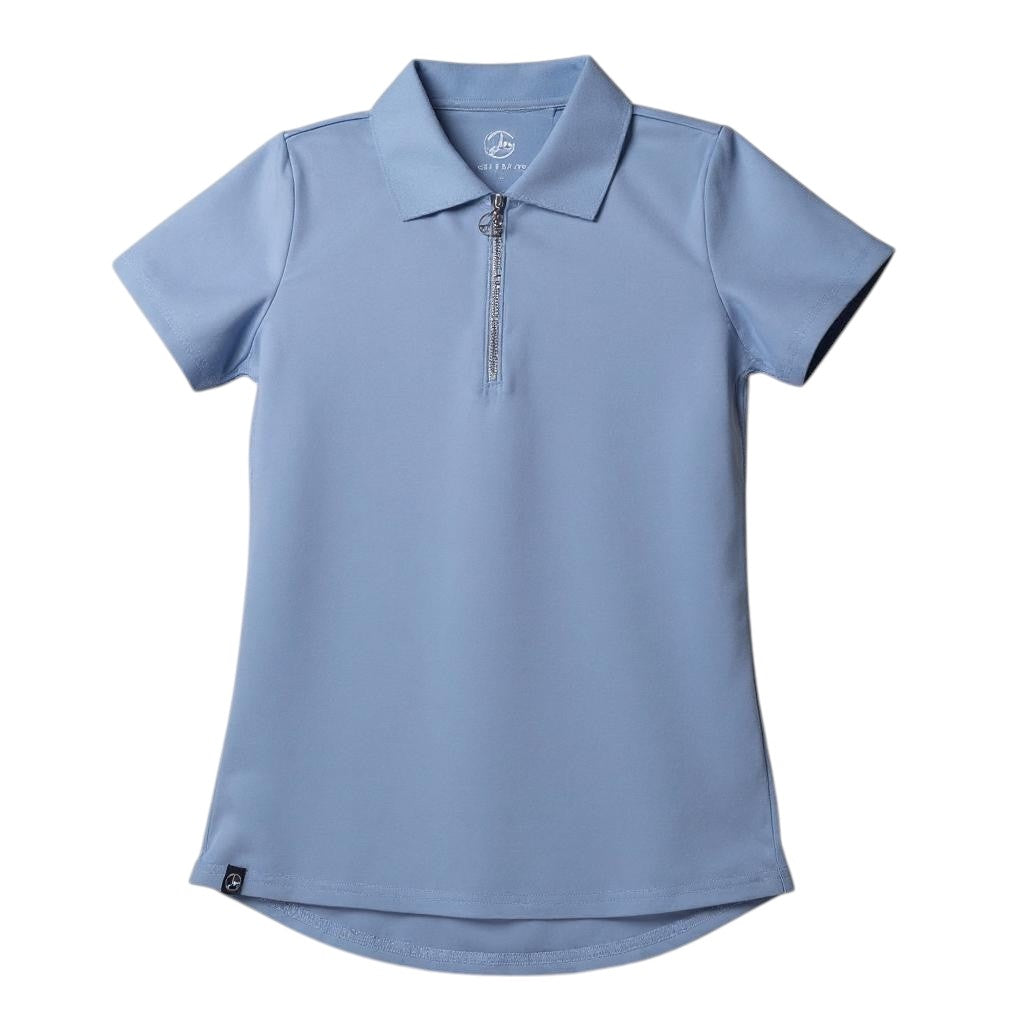 GOLF BY JO The Lottie light blue moisture-wicking golf polo with a zip-up collar and tailored fit.
