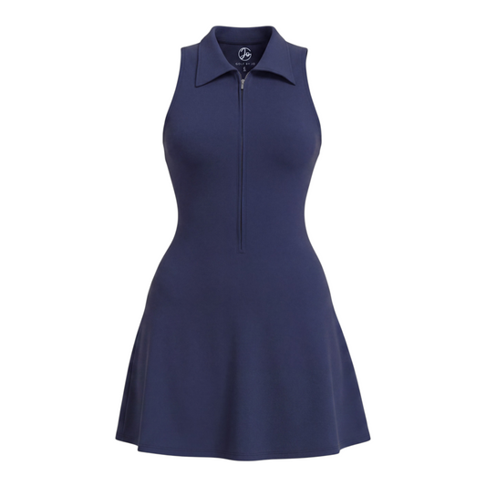 GOLF BY JO navy sleeveless golf dress with a sculpted silhouette, lapel neckline, and front zipper closure.
