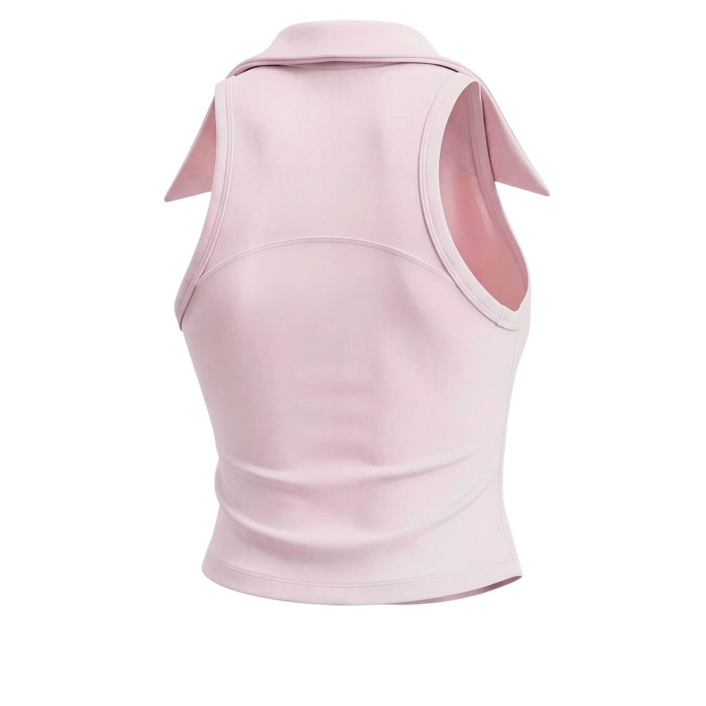 GOLF BY JO Strawberry Milkshake sculpted golf vest in pastel pink with a feminine open collar, back view.