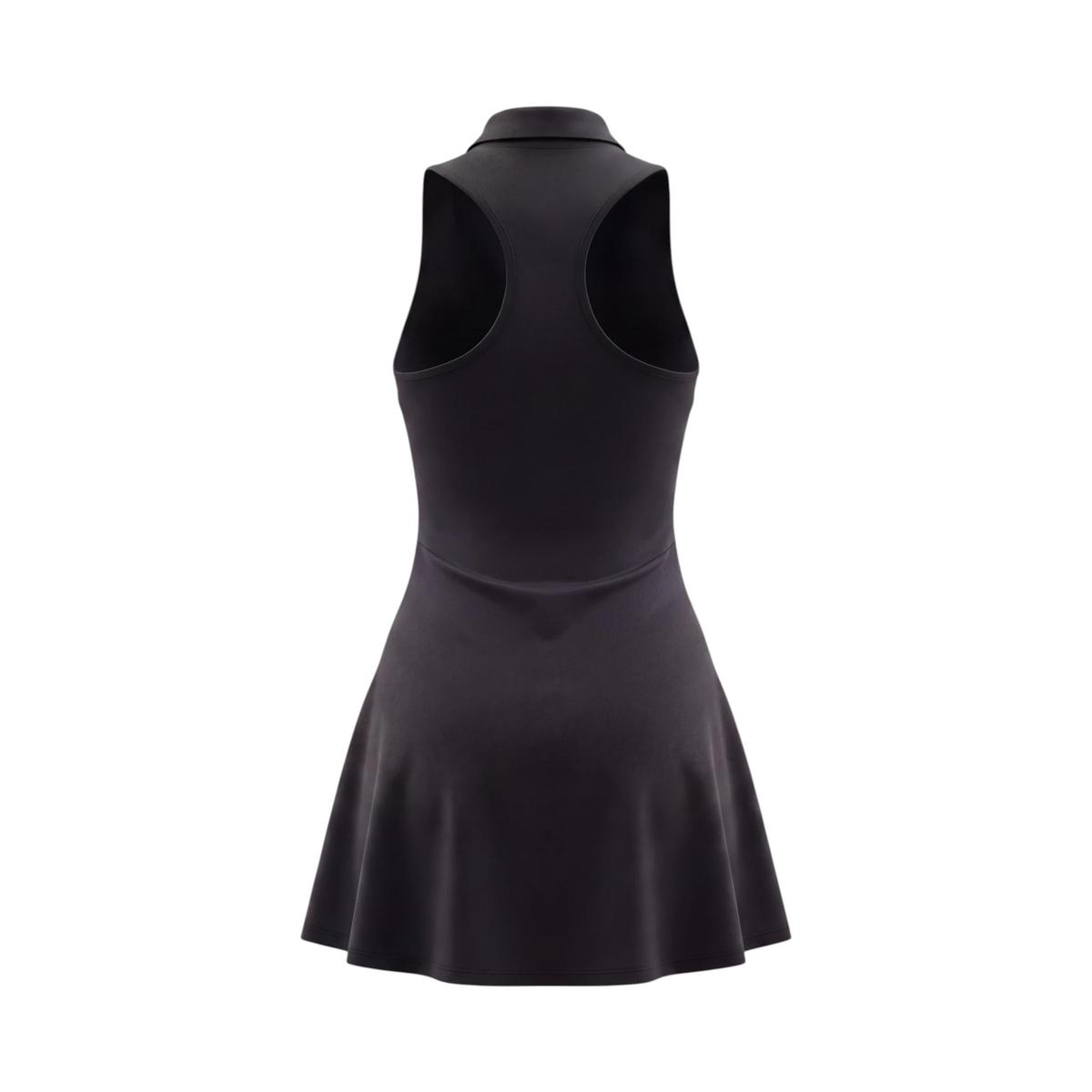 Back view of GOLF BY JO Sculpt black sleeveless golf dress with a racerback design and flared skirt.