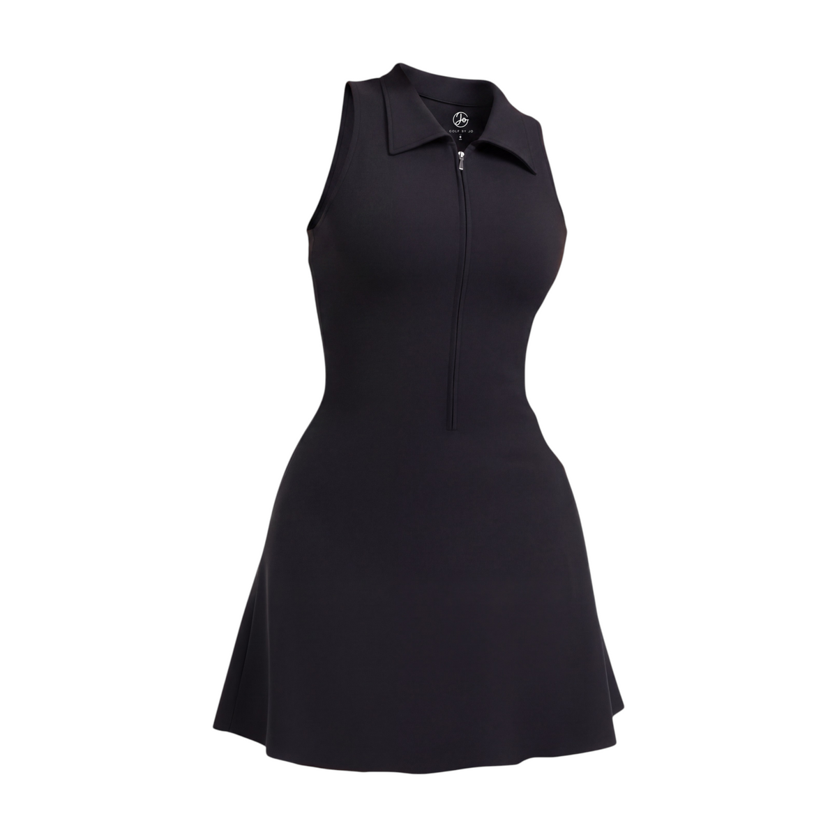 GOLF BY JO Sculpt black sleeveless golf dress with a lapel collar, front zipper, and flattering fitted silhouette.