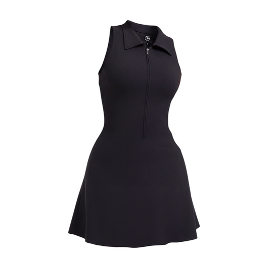 GOLF BY JO Sculpt black sleeveless golf dress with a lapel collar, front zipper, and flattering fitted silhouette.
