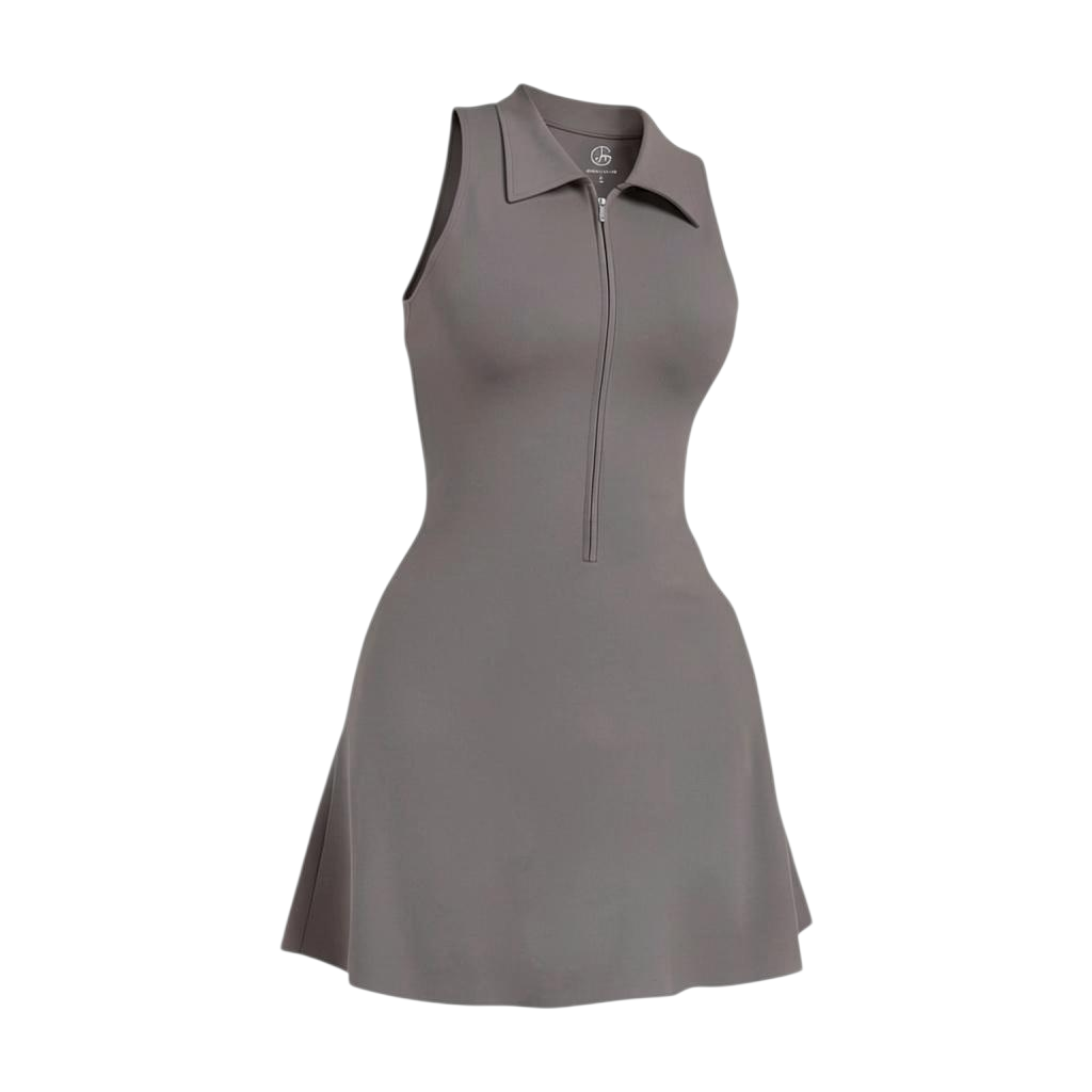 GOLF BY JO Sculpt grey sleeveless golf dress with a lapel collar and front zip closure in performance fabric.