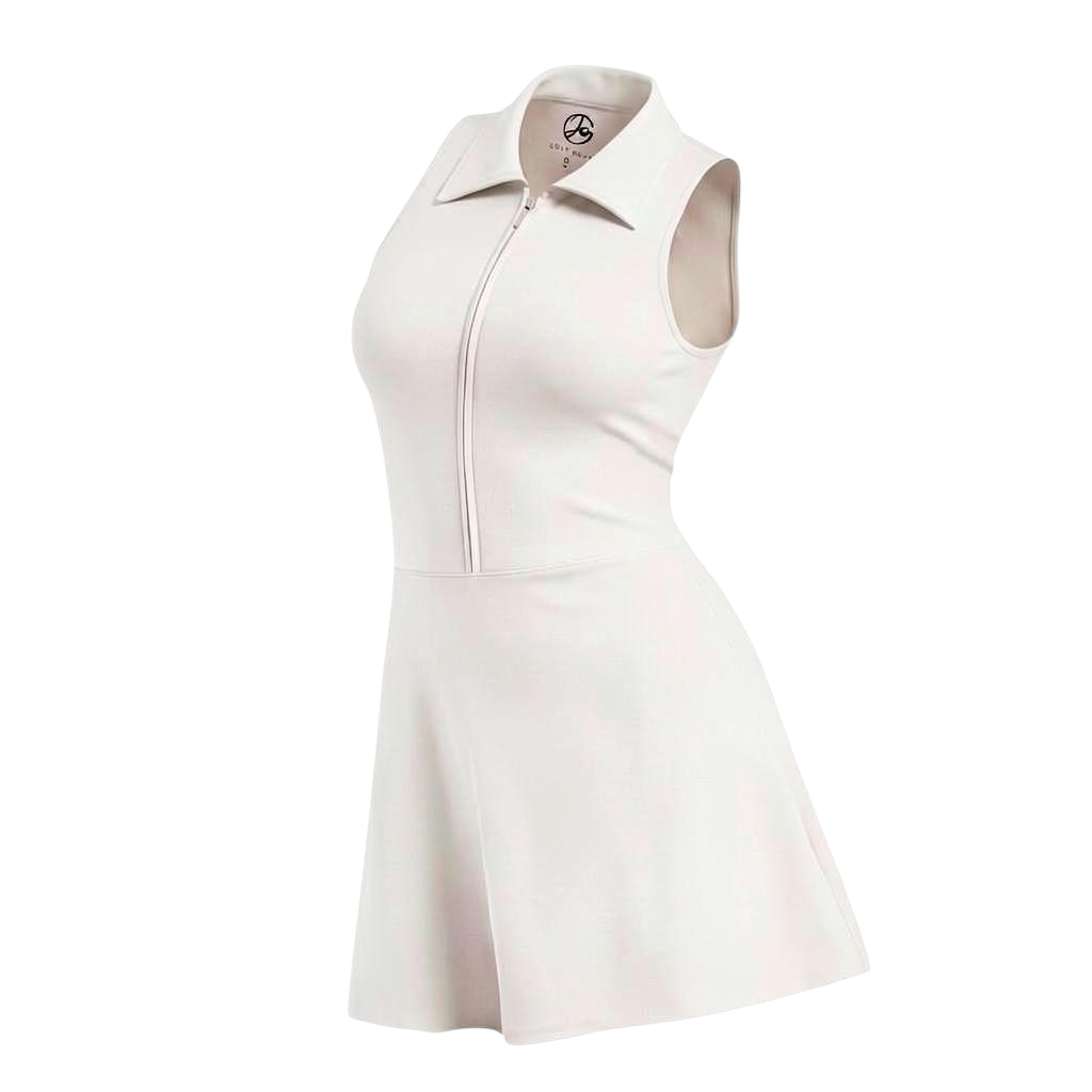 GOLF BY JO Sculpt white sleeveless golf dress with a lapel collar, front zipper, and flattering fitted silhouette.