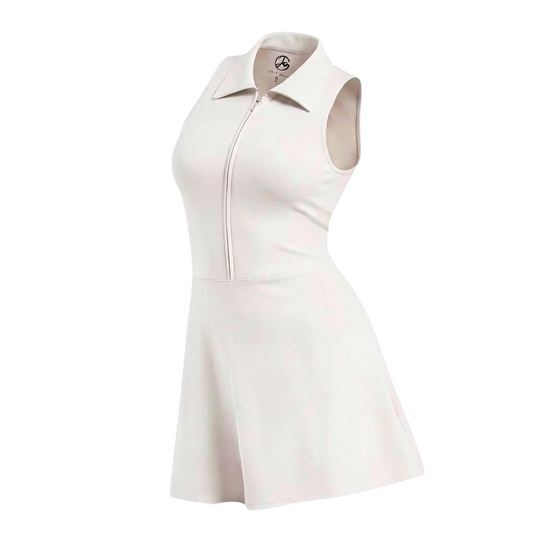 GOLF BY JO Sculpt white sleeveless golf dress with a lapel collar, front zipper, and flattering fitted silhouette.