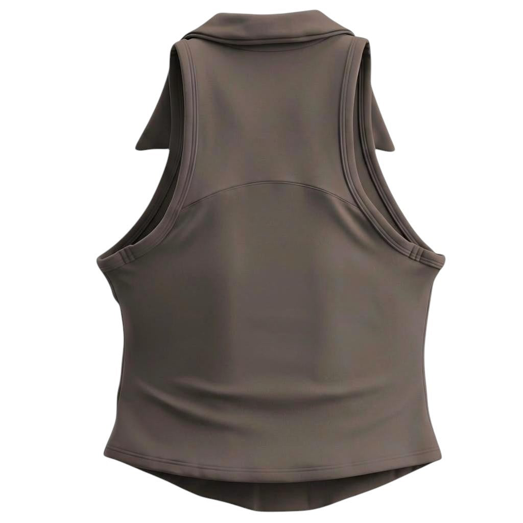 GOLF BY JO Shadow Chocolate sculpted golf vest in grey-brown performance fabric with a feminine open neckline.