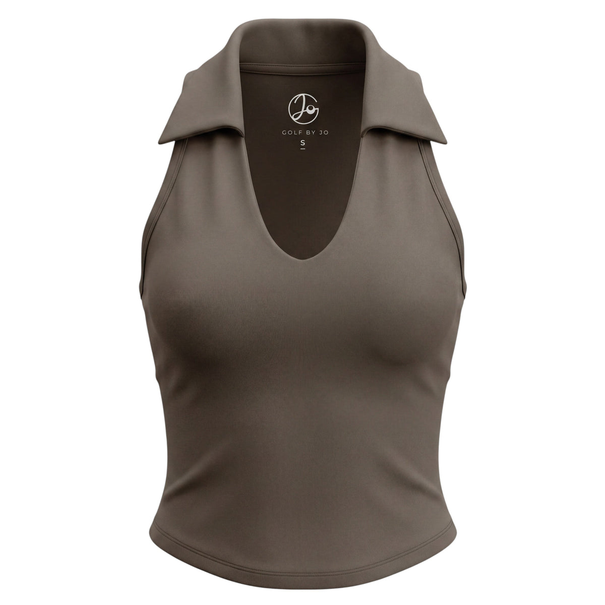 GOLF BY JO Shadow Chocolate sculpted golf vest in grey-brown with a feminine open neckline and fitted silhouette.
