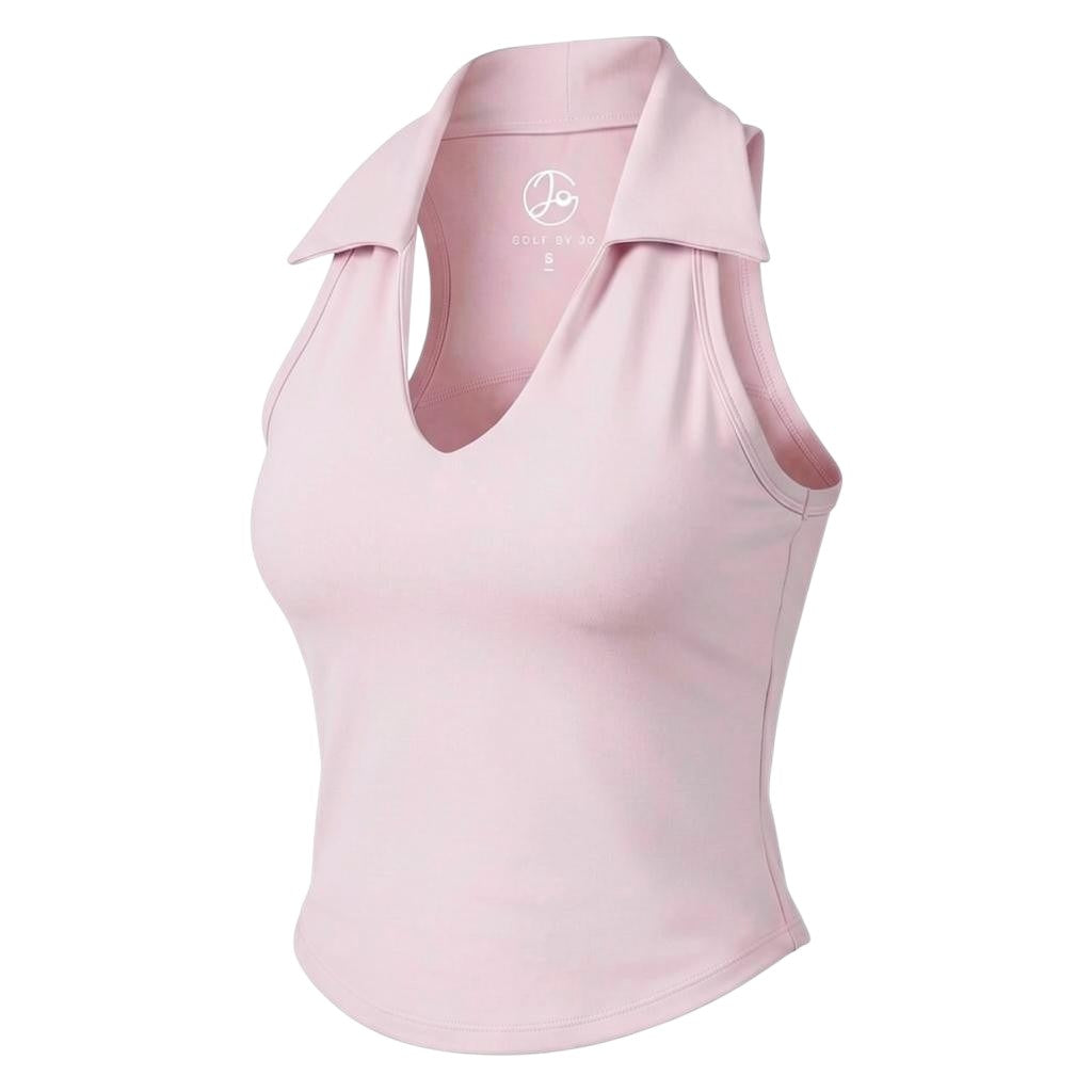 GOLF BY JO Strawberry Milkshake sculpted golf vest in soft pastel pink with a feminine open collar and sleeveless cut.